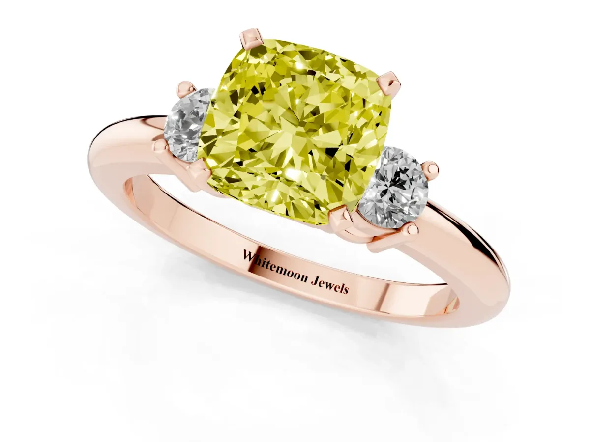 Fancy Yellow Three-Stone Cushion Cut Cut Diamond Solitaire with Prong Setting and Classic Band Rose gold