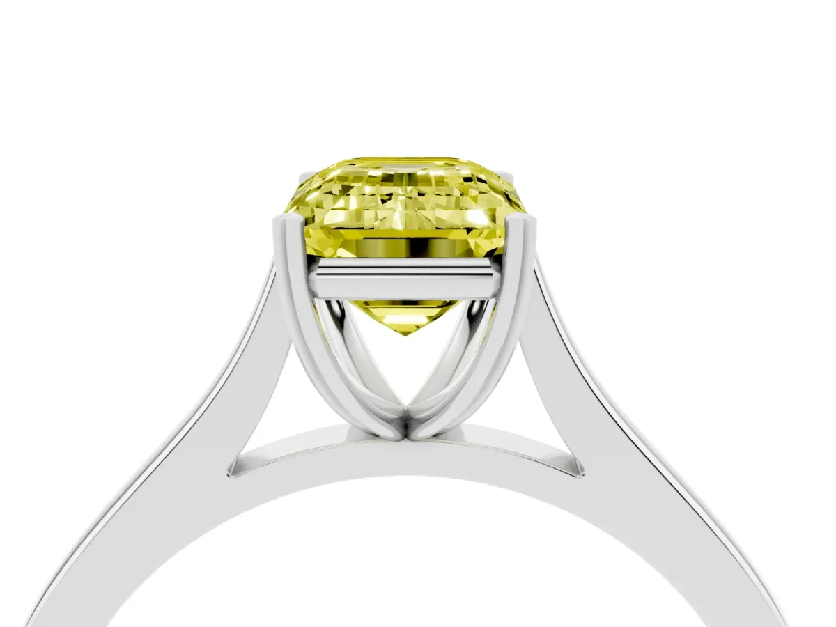 Fancy Yellow Emerald Cut Solitaire Heart Prong Engagement Ring with Tapered Band White gold