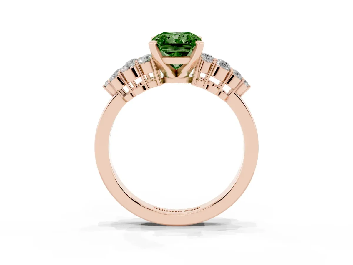 Fancy Green Radiant Cut Cluster Diamond Engagement Ring with Pavé Band and Four-Prong Setting Rose gold