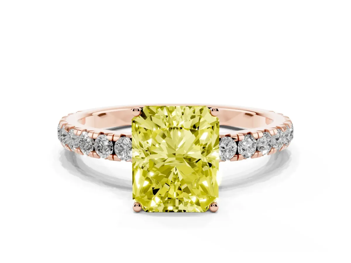 Fancy Yellow Radiant Cut Diamond Pavé Solitaire Engagement Ring with Four-Prong Setting Rose gold