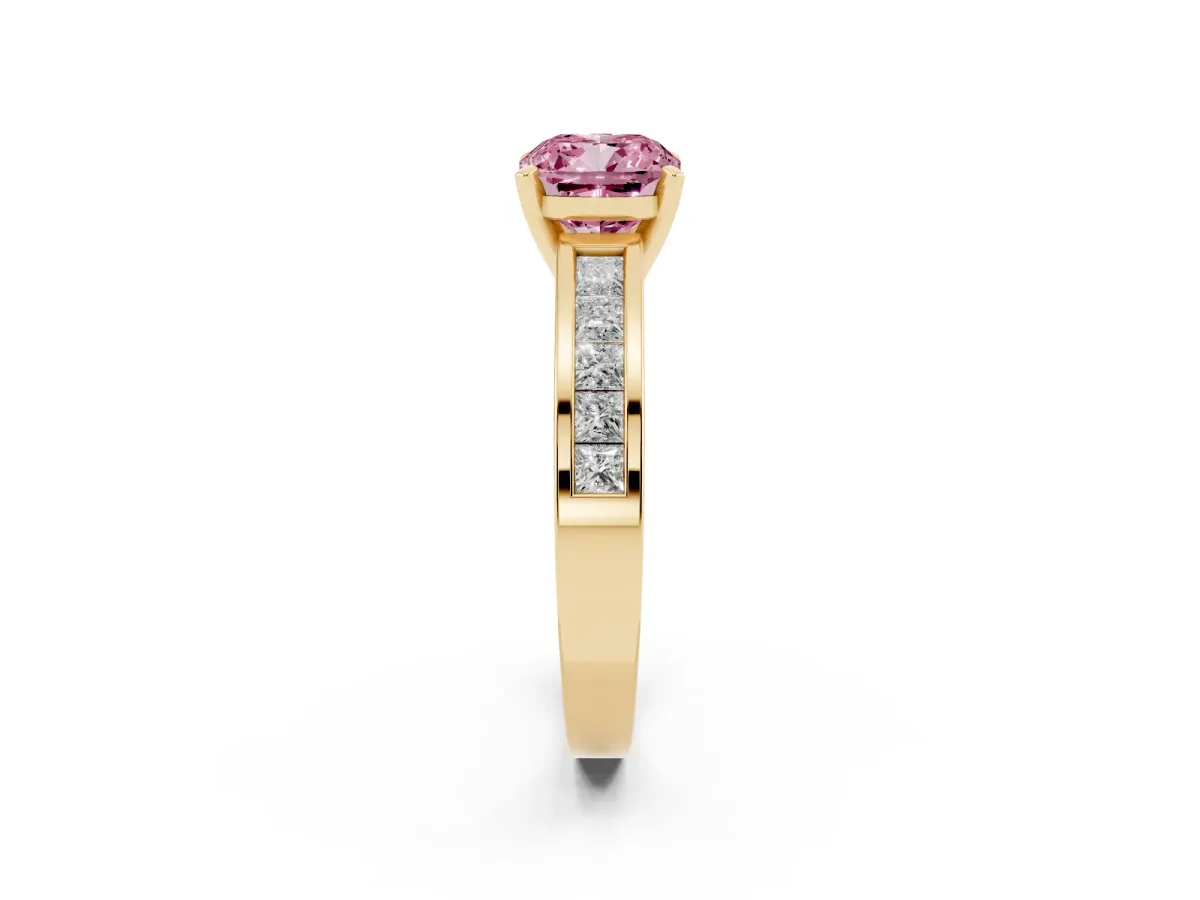 Fancy Pink Cushion Cut Solitaire Diamond Ring with Channel-Set Band and Four-Prong Setting Yellow gold