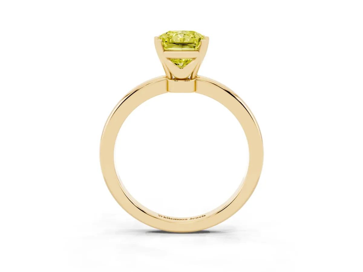 Fancy Yellow Radiant Cut Solitaire Diamond Ring with Six-Prong Setting on a Classic Band Yellow gold