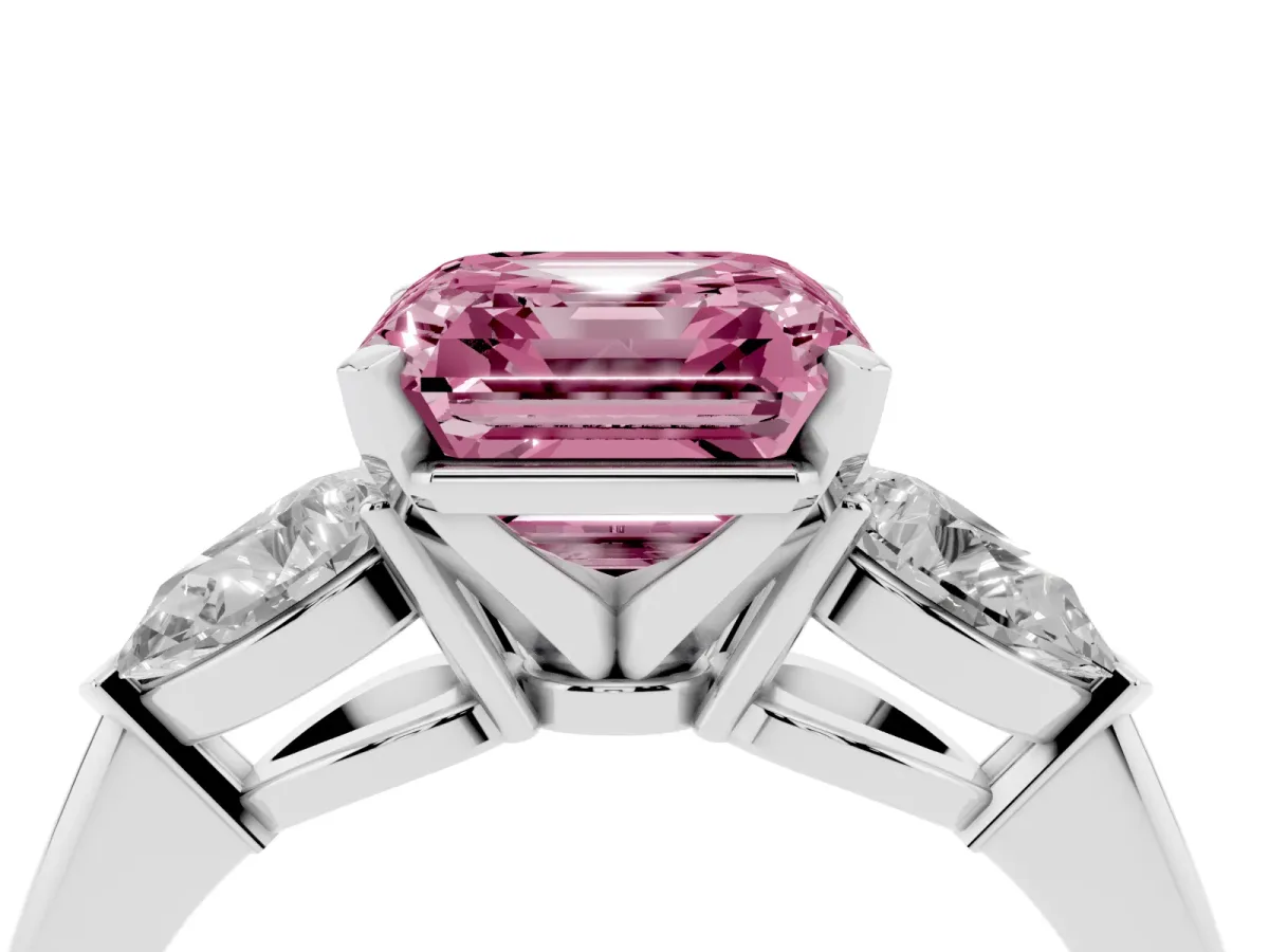 Fancy Pink Three-Stone Asscher Cut Diamond Ring with Pear Side Stones and Four-Prong Setting Silver