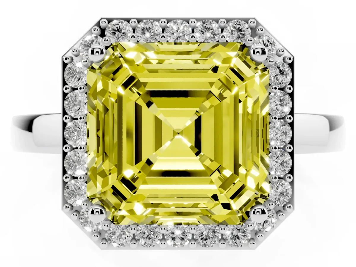 Fancy Yellow Asscher Cut Halo Diamond Ring with Solitaire Band and Prong Setting Silver