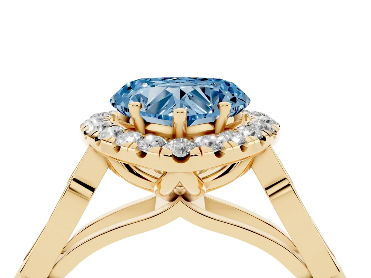 Fancy Blue Heart Cut Halo Diamond Engagement Ring with Filigree Band and Four-Prong Setting Yellow gold