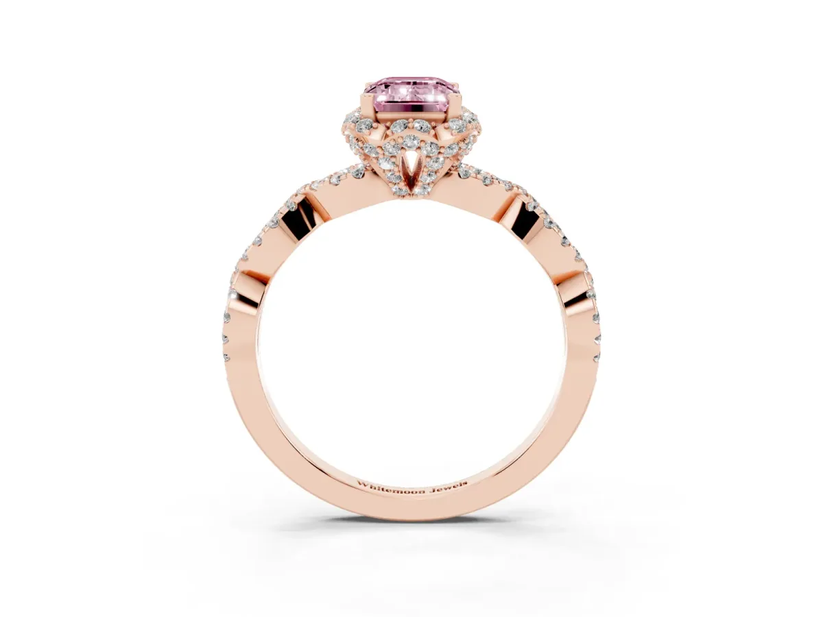 Fancy Pink Emerald Cut Halo Twist Band Solitaire Ring with Six-Prong Setting Rose gold