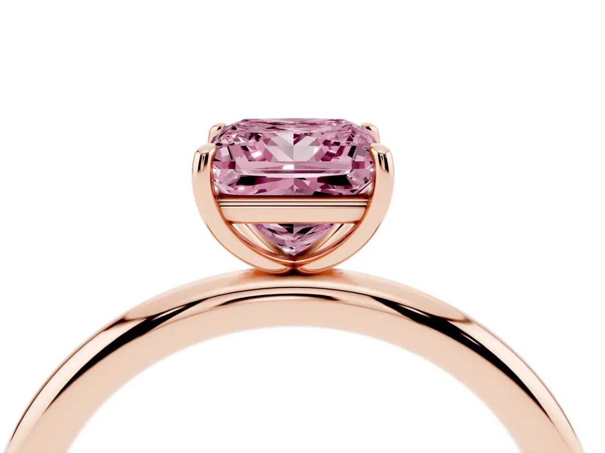 Fancy Pink Princess Cut Solitaire Diamond Ring with Four-Prong Setting on a Plain Band Rose gold
