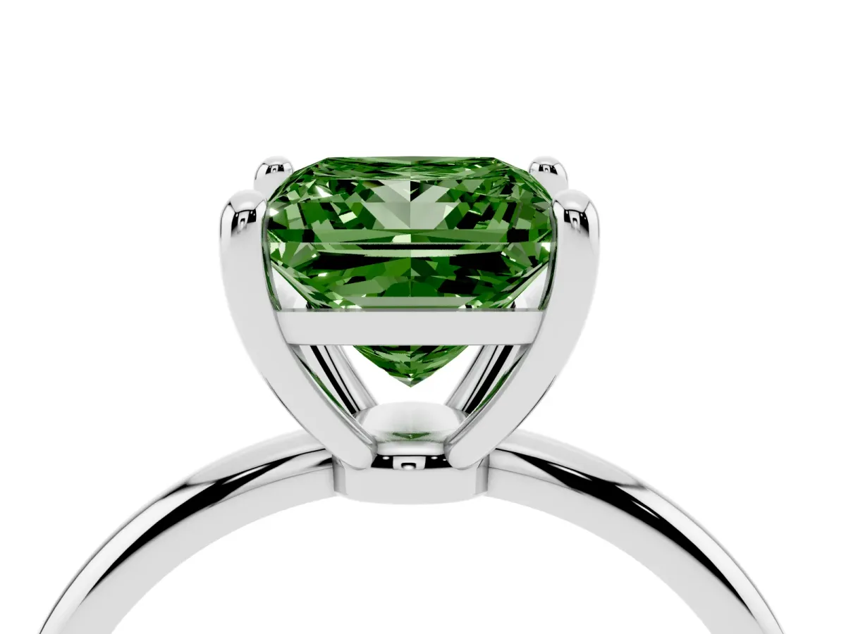 Fancy Green Princess Cut Solitaire Diamond Ring with 4-Prong Setting on a Classic Band Platinum