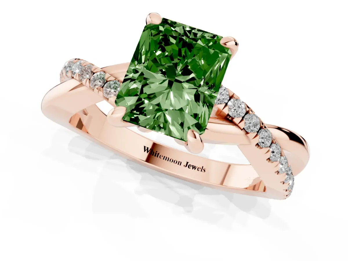 Fancy Green Radiant Cut Cut Diamond Twist Band Solitaire with Prong Setting Rose gold