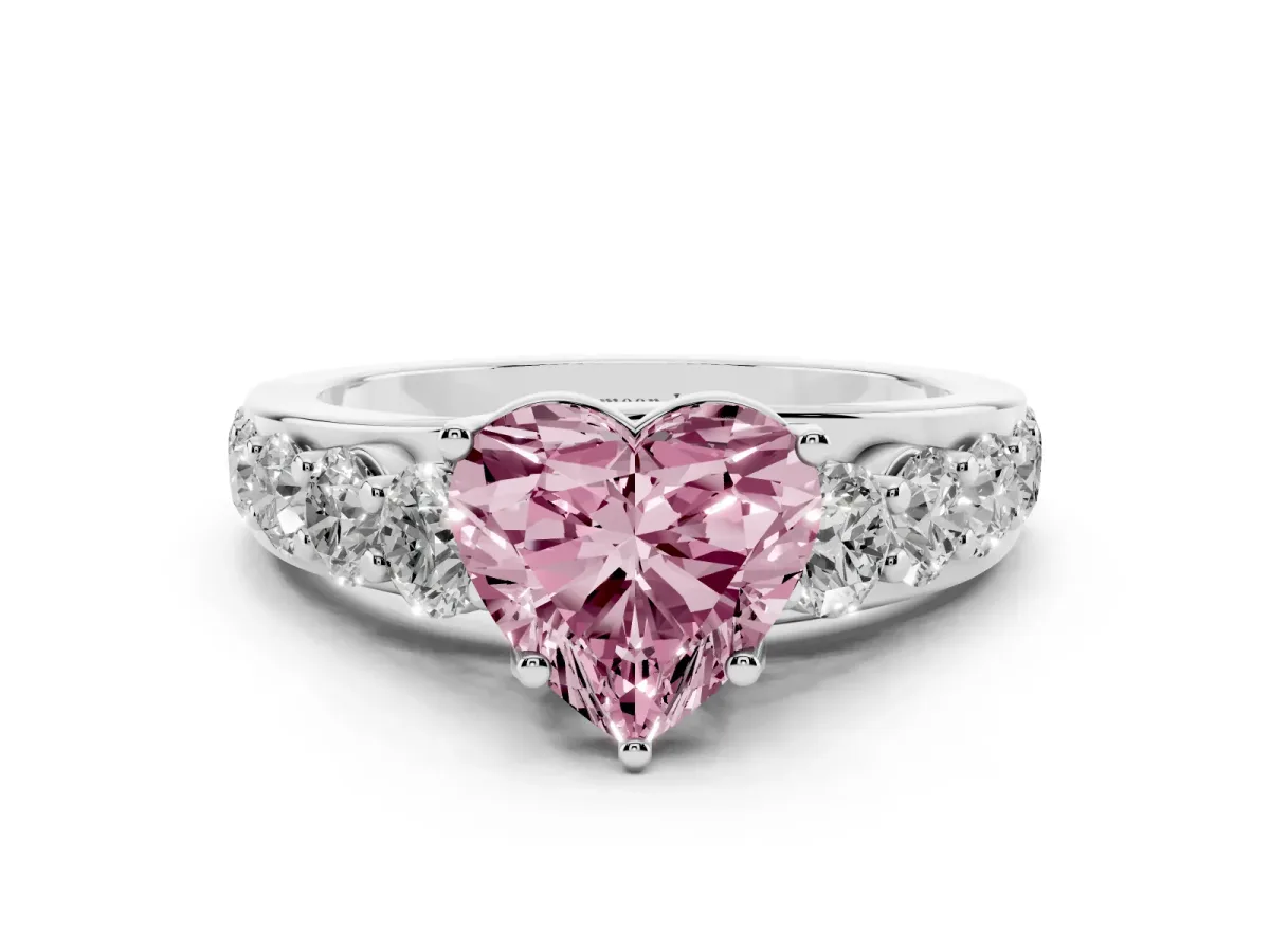 Fancy Pink Heart Cut Diamond Engagement Ring with Pavé Band and Four-Prong Setting Silver
