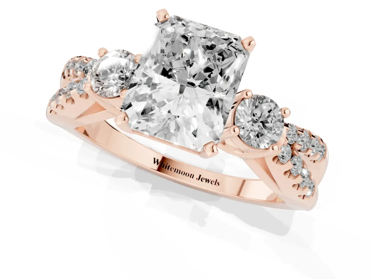 Radiant Cut Diamond Three-Stone Ring with Pavé Split Shank and Four-Prong Setting Rose gold