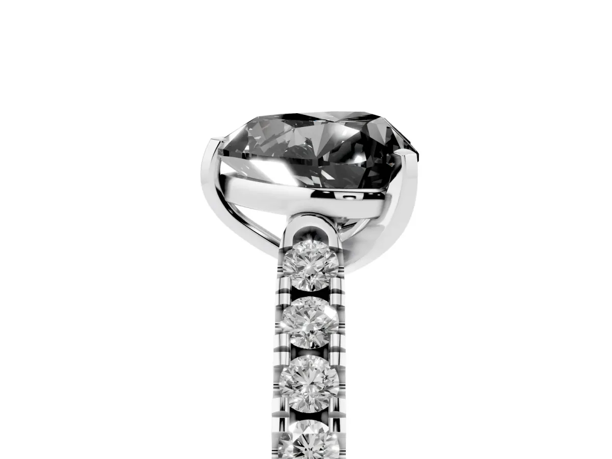 Fancy Black Heart Cut Diamond Pavé Band Solitaire Ring with Prong Setting Silver