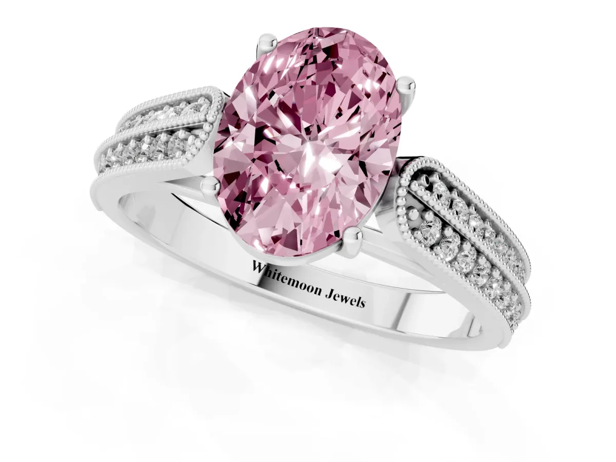 Fancy Pink Oval Cut Cut Pave Split Shank Engagement Ring with Four-Prong Setting White gold