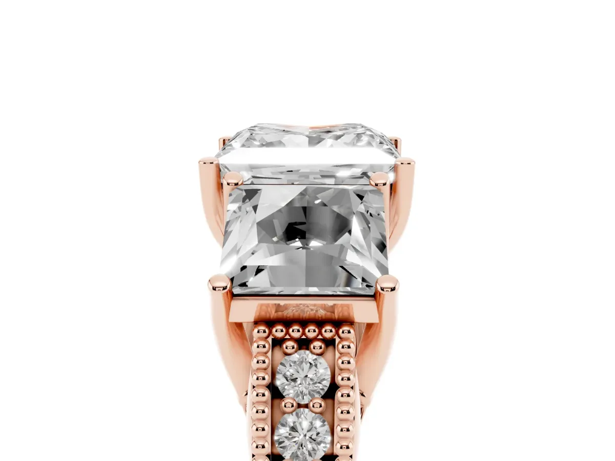 Three-Stone Princess Cut Cut Milgrain Pavé Engagement Ring Rose gold
