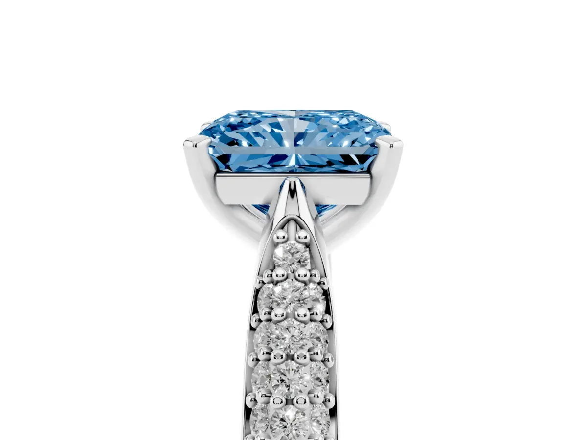 Fancy Blue Radiant Cut Diamond Solitaire Engagement Ring with Multi-Row Round Pavé Band and Prong Setting White gold