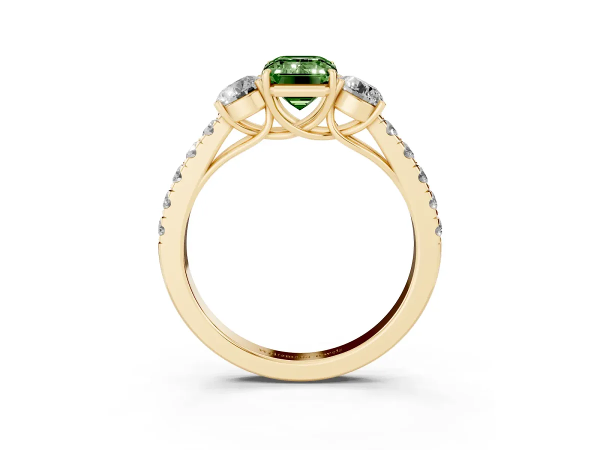 Fancy Green Emerald Cut Cut Diamond Three-Stone Ring with Round Side Stones and Pavé Band Yellow gold