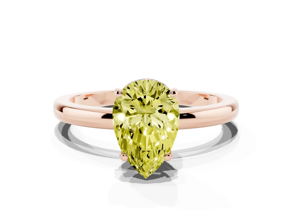 Fancy Yellow Pear Cut Solitaire Diamond Ring with Prong Setting and Plain Band Rose gold