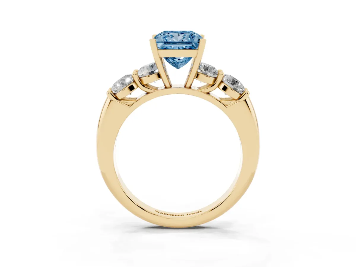 Fancy Blue Princess Cut Cut Five-Stone Prong Set Diamond Ring with Classic Band Yellow gold