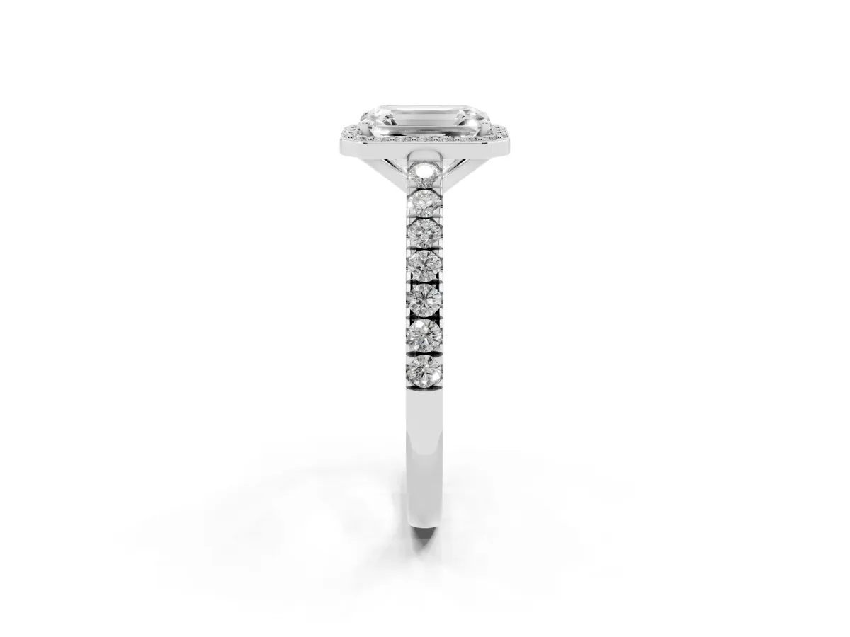 Emerald Cut Cut Halo Diamond Engagement Ring with Pave Band and Four-Prong Setting White gold