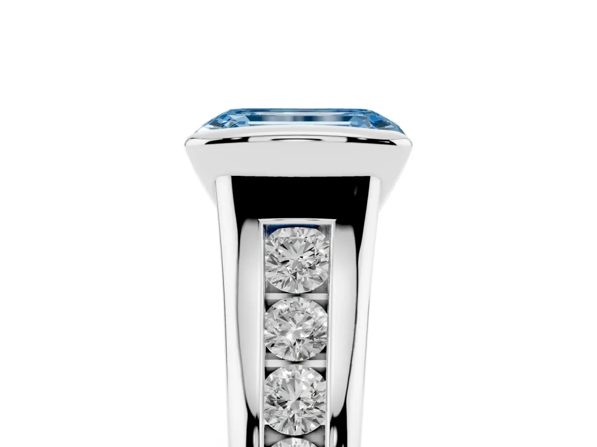 Fancy Blue Emerald Cut Solitaire Bezel-Set Diamond Ring with Channel-Set Band Platinum