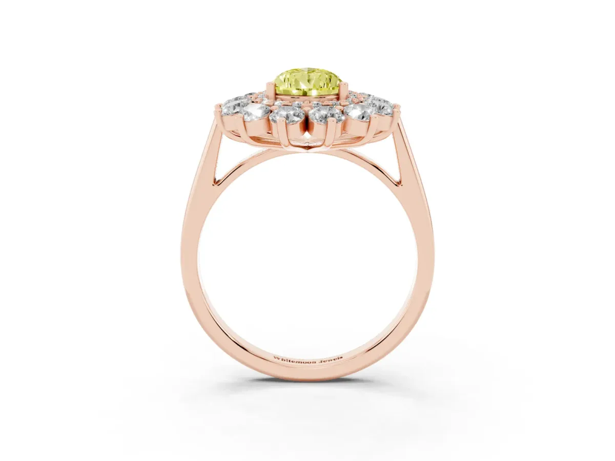 Fancy Yellow Pear Cut Diamond Floral Double Halo Engagement Ring with Prong Setting Rose gold