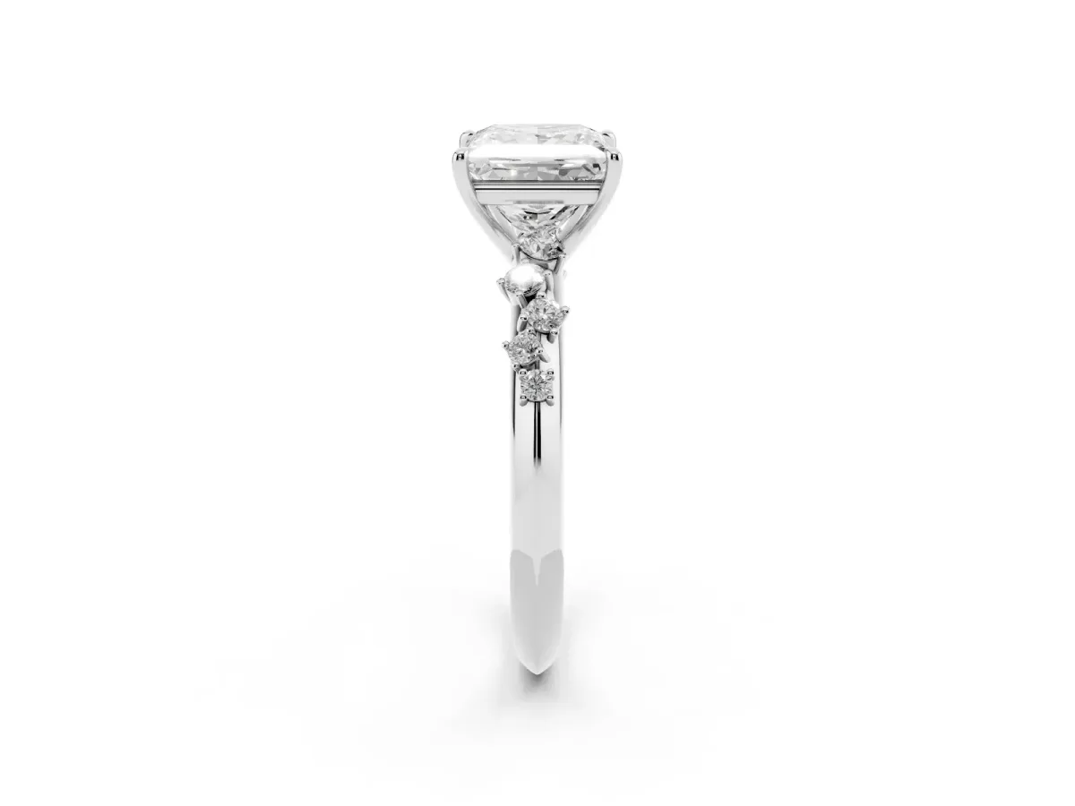 Princess Cut Diamond Cluster Side Stone Solitaire Ring with Prong Setting Silver