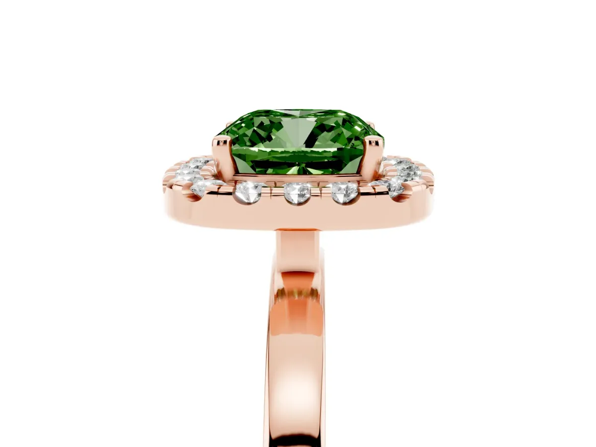 Fancy Green Cushion Cut Halo Diamond Solitaire with Pavé Band and Four-Prong Setting Rose gold