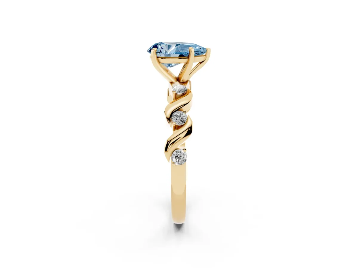 Fancy Blue Pear Cut Diamond Solitaire Twisted Band with Round Accents and Prong Setting Yellow gold