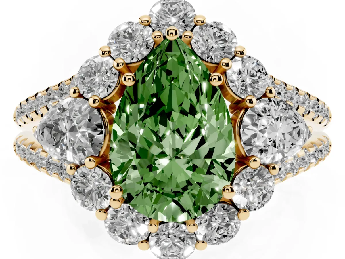 Fancy Green Pear Cut Halo Split Shank Diamond Engagement Ring with Prong Setting Yellow gold