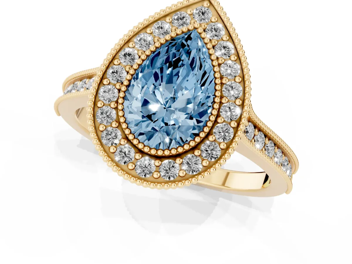 Fancy Blue Halo Pear Cut-Cut Diamond Pave Band Milgrain Prong Setting Ring Yellow gold