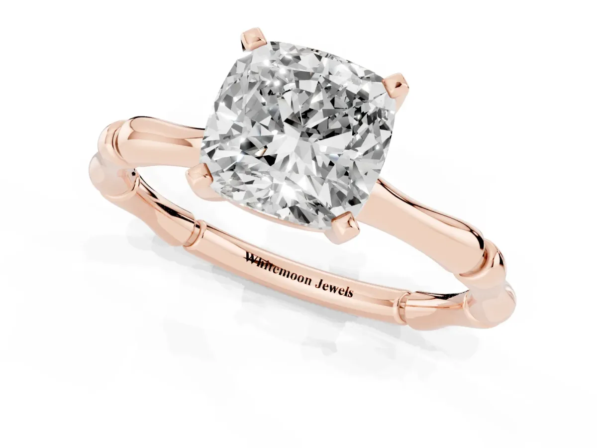 Cushion Cut Solitaire Diamond Ring with Bamboo Band and Four-Prong Setting Rose gold
