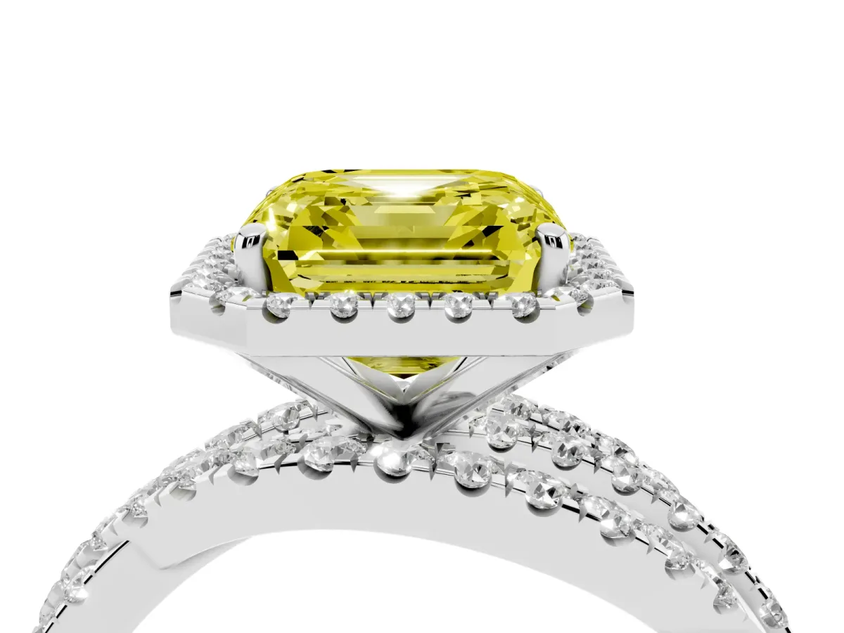 Fancy Yellow Asscher Cut Diamond Halo Ring with Round Split Shank and Prong Setting Silver