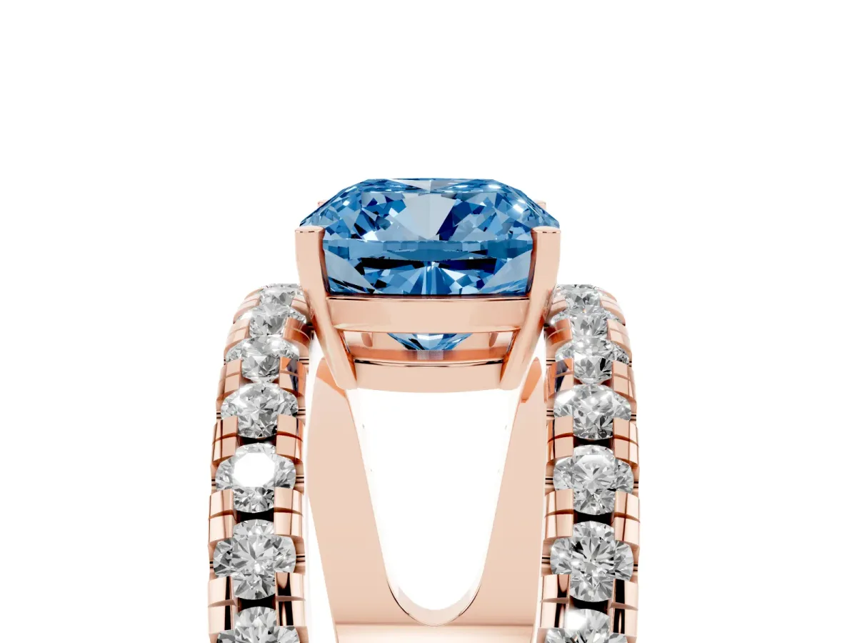 Fancy Blue Cushion Cut Solitaire Split Shank Pave Diamond Ring Rose gold