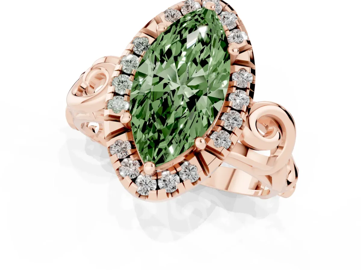 Fancy Green Marquise Cut Cut Halo Diamond Ring with Scrollwork Band and Four-Prong Setting Rose gold
