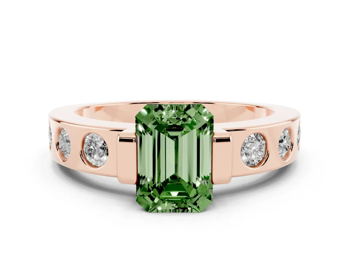 Fancy Green Emerald Cut Brilliant Channel-Set Diamond Ring with Bezel Prong Setting Rose gold
