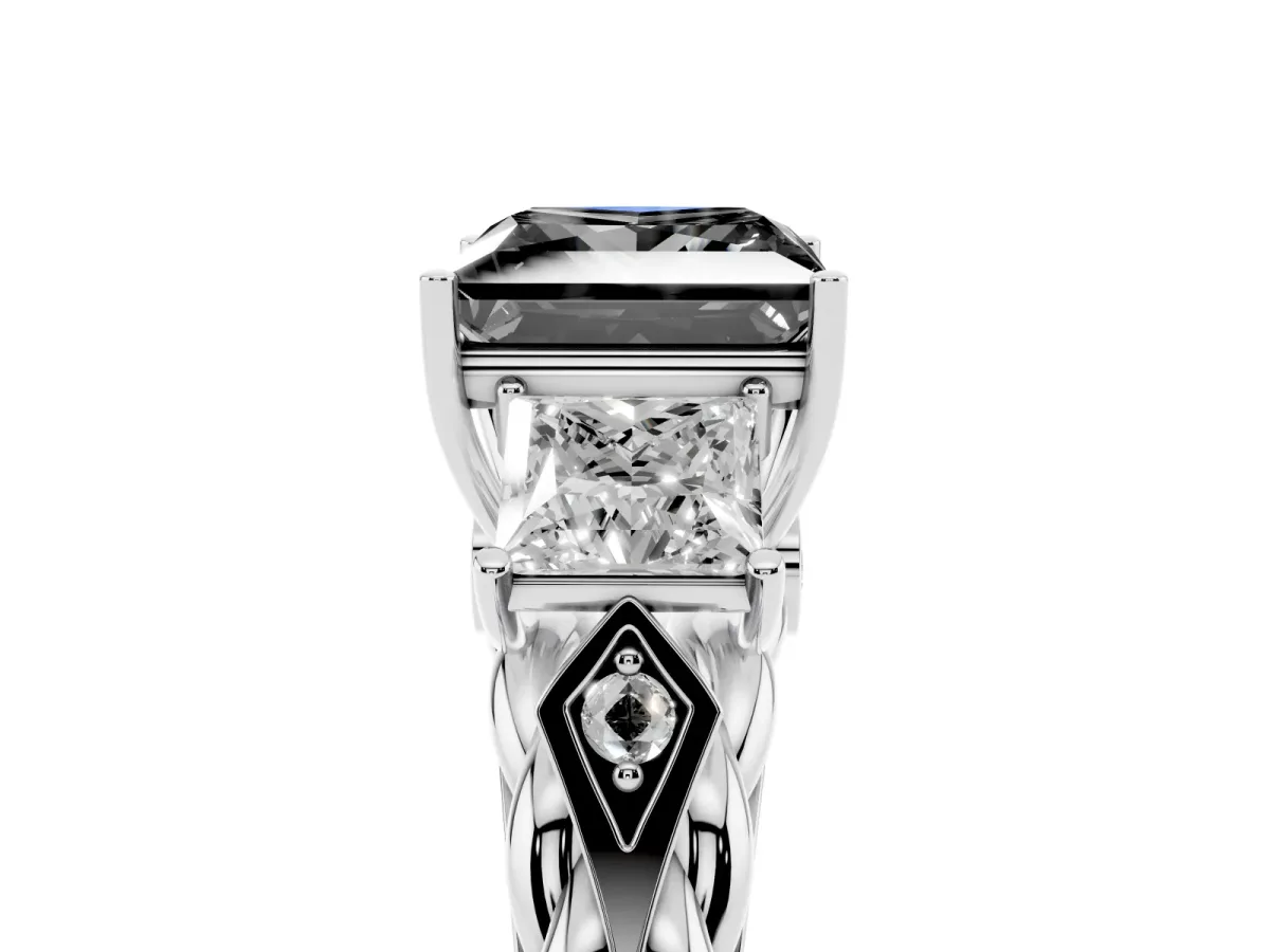 Fancy Black Three-Stone Princess Cut Diamond Braided Band Ring with Four-Prong Setting Platinum
