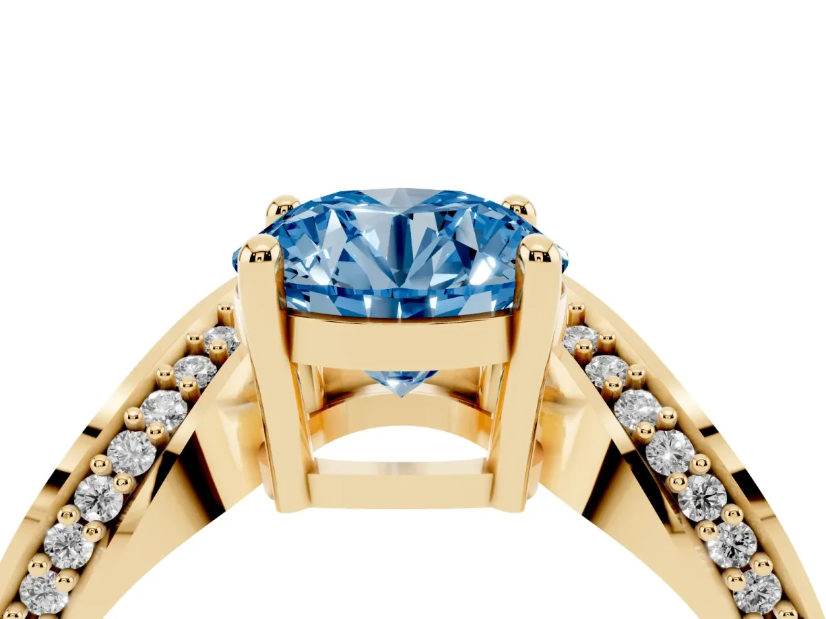 Fancy Blue Round Cut Solitaire Diamond Engagement Ring with Pave Band and Four-Prong Setting Yellow gold