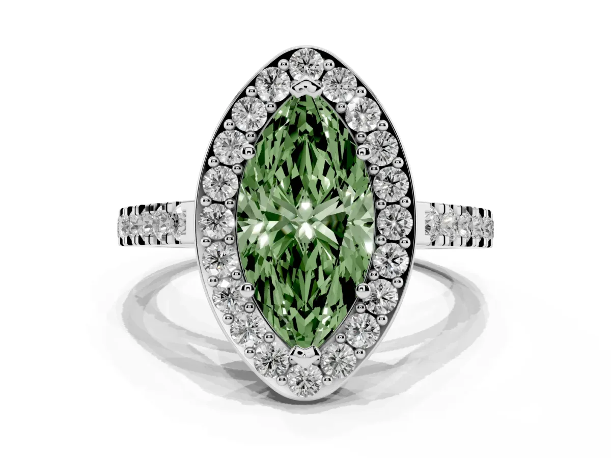 Fancy Green Marquise Cut Diamond Halo Ring with Round Pavé Split Shank and Prong Setting Silver