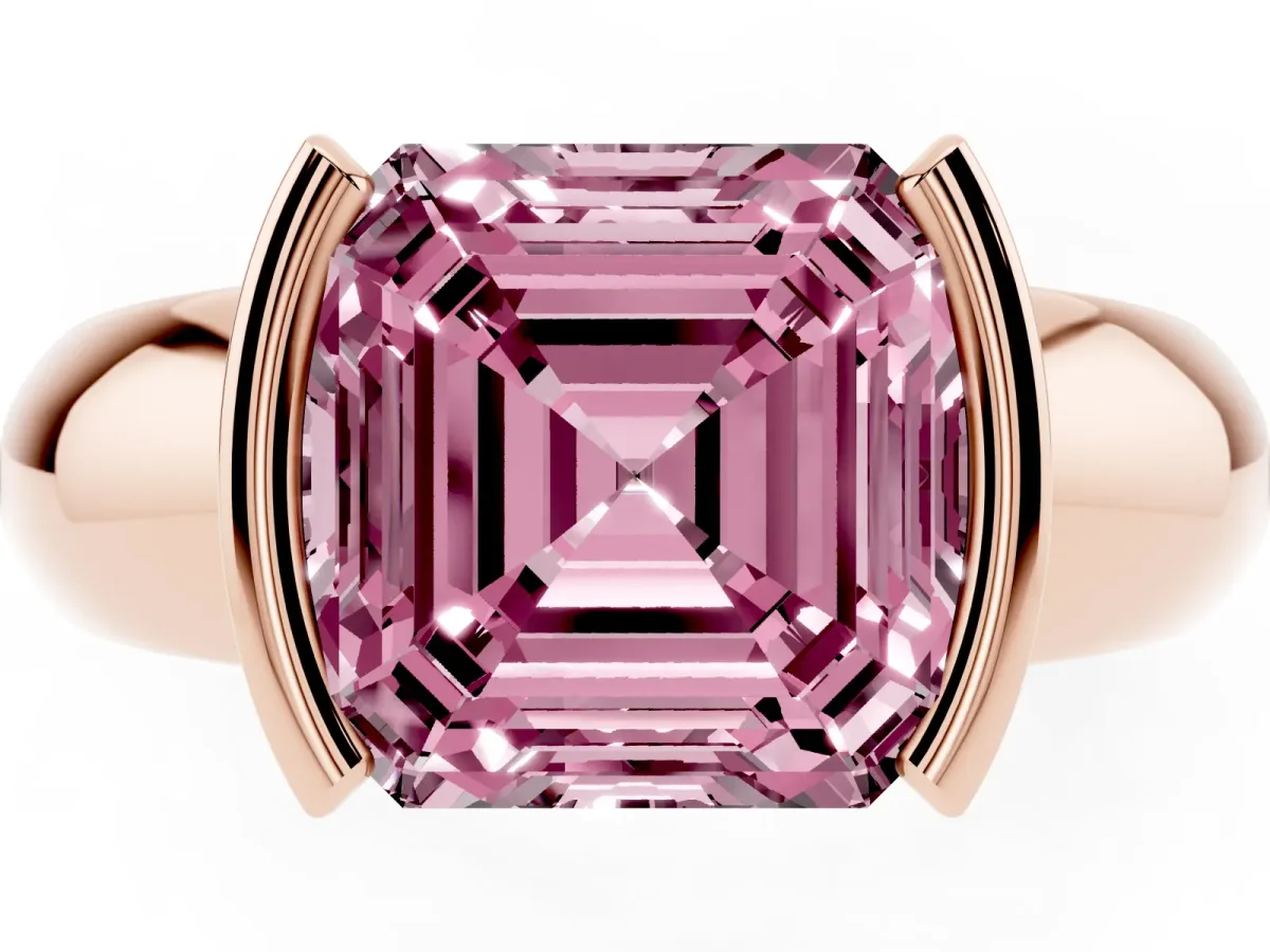 Fancy Pink Asscher Cut Solitaire Tension Set Diamond Ring with Wide Band Rose gold