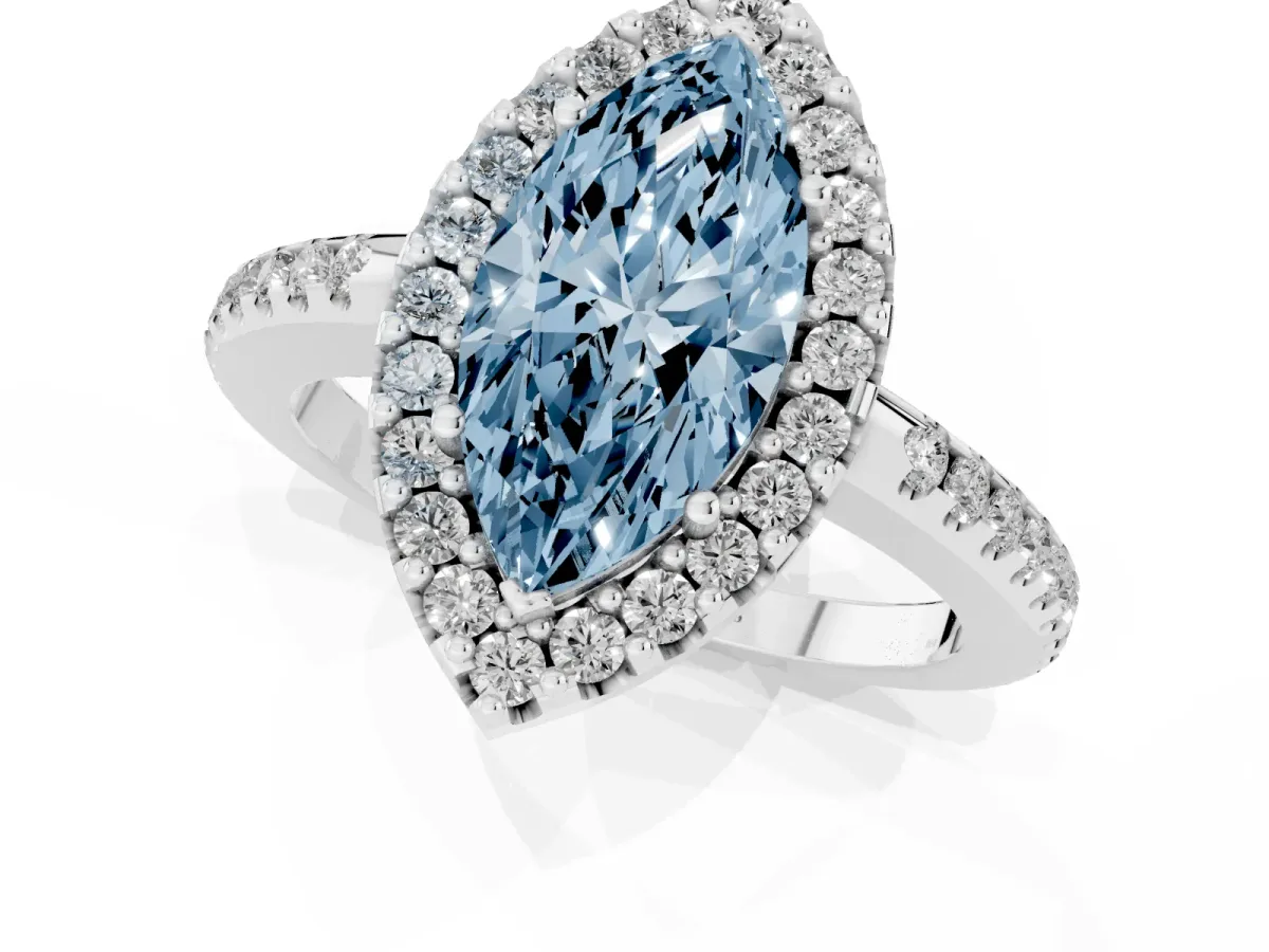 Fancy Blue Marquise Cut Diamond Pavé Halo Ring with Four-Prong Setting Silver
