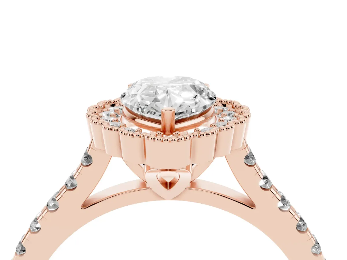 Pear Cut Cut Diamond Milgrain Floral Halo Engagement Ring with Pavé Band Rose gold