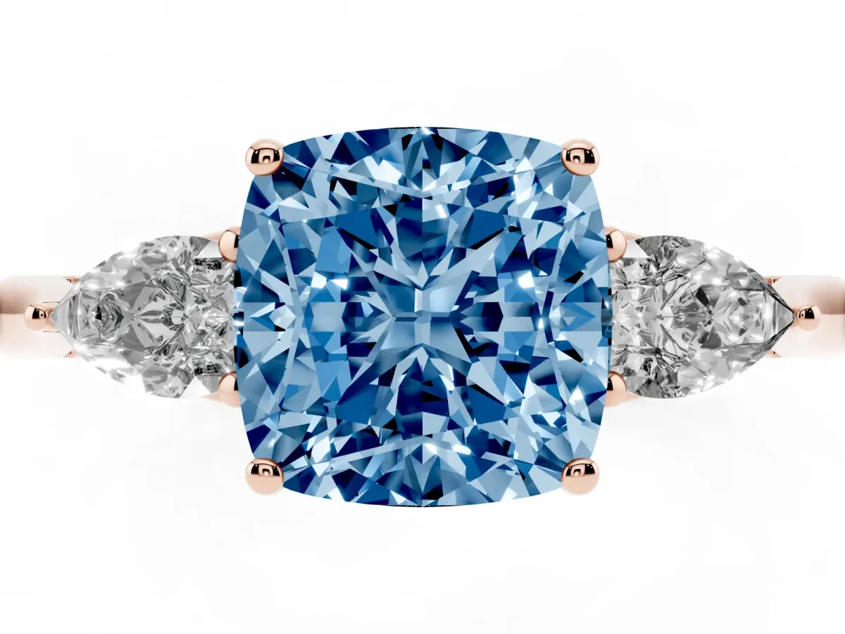 Fancy Blue Cushion Cut Diamond Three-Stone Ring with Pear Side Stones and Prong Setting Rose gold