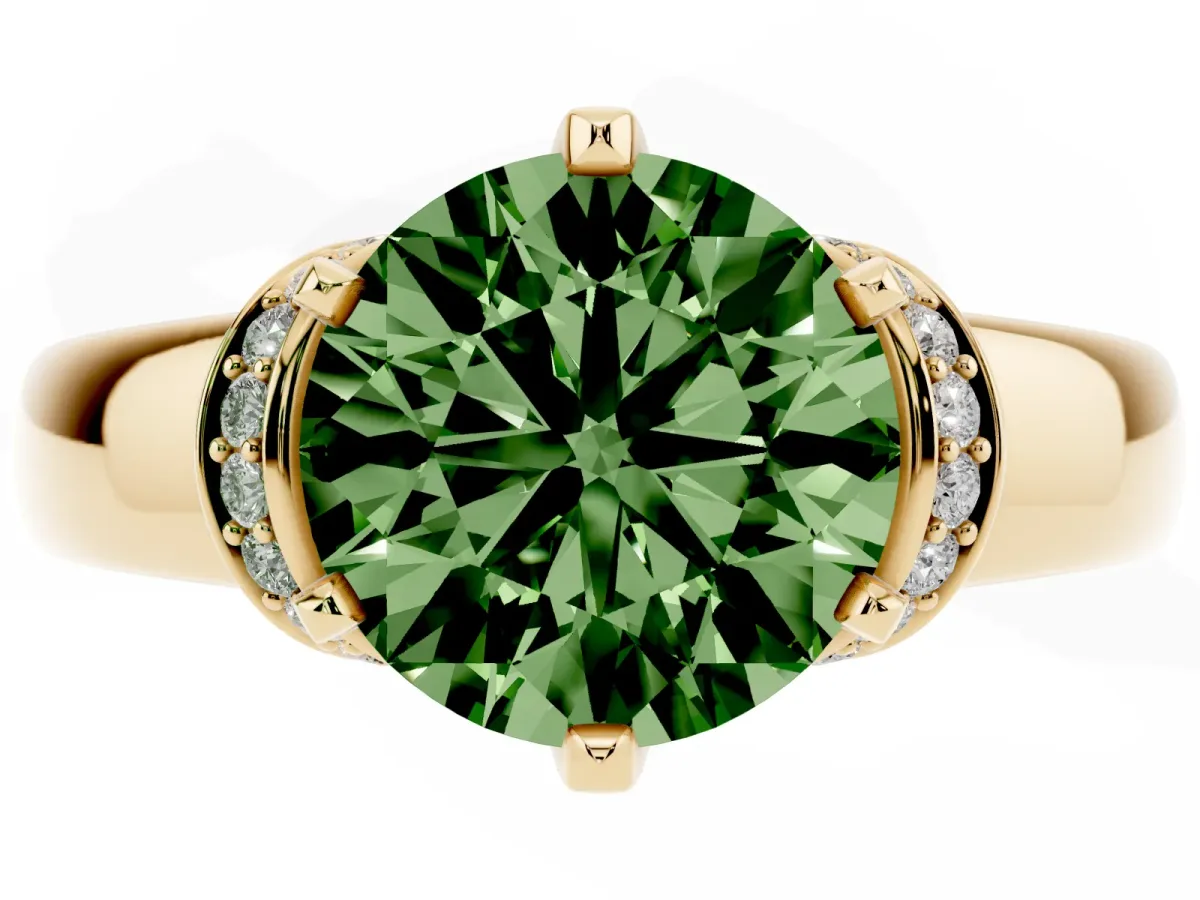 Fancy Green Round Cut Solitaire Diamond Ring with Pave Band and Six-Prong Setting Yellow gold