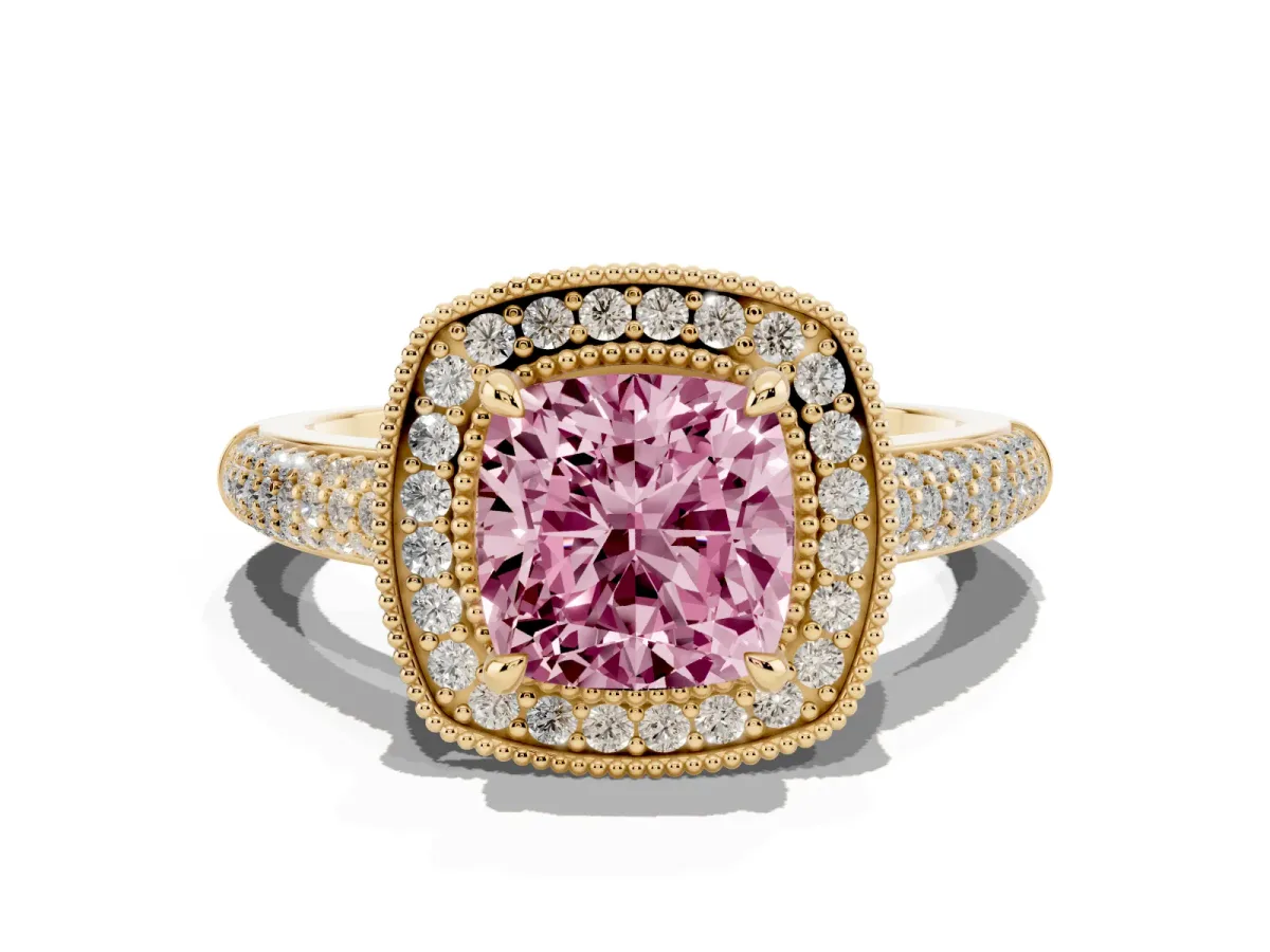 Fancy Pink Cushion Cut Cut Halo Diamond Pave Band with Four-Prong Setting Yellow gold
