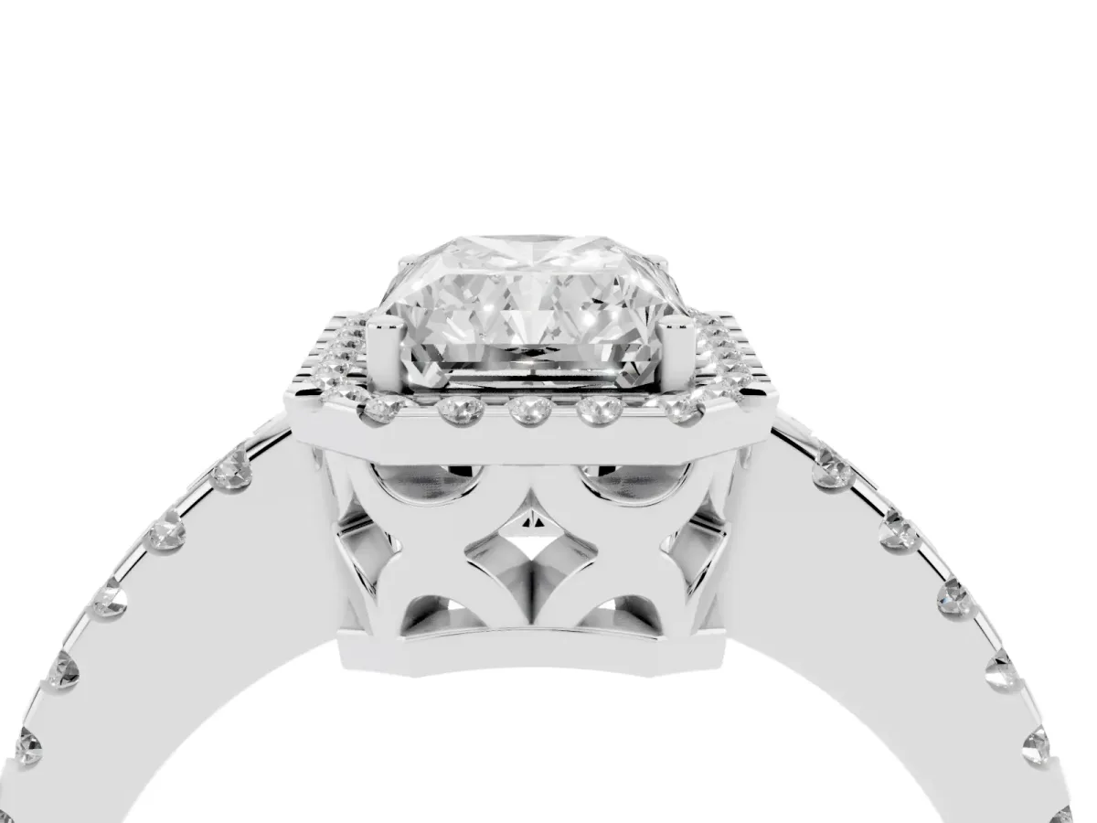 Radiant Cut Diamond Halo Engagement Ring with Pavé Band and Prong Setting Silver