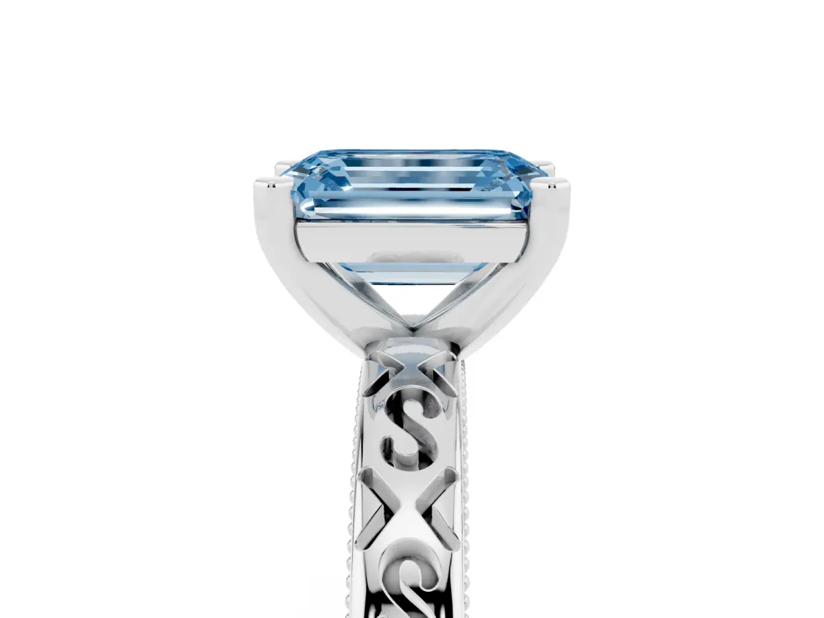 Fancy Blue Emerald Cut Solitaire Engagement Ring with Scrollwork Band and Four-Prong Setting White gold