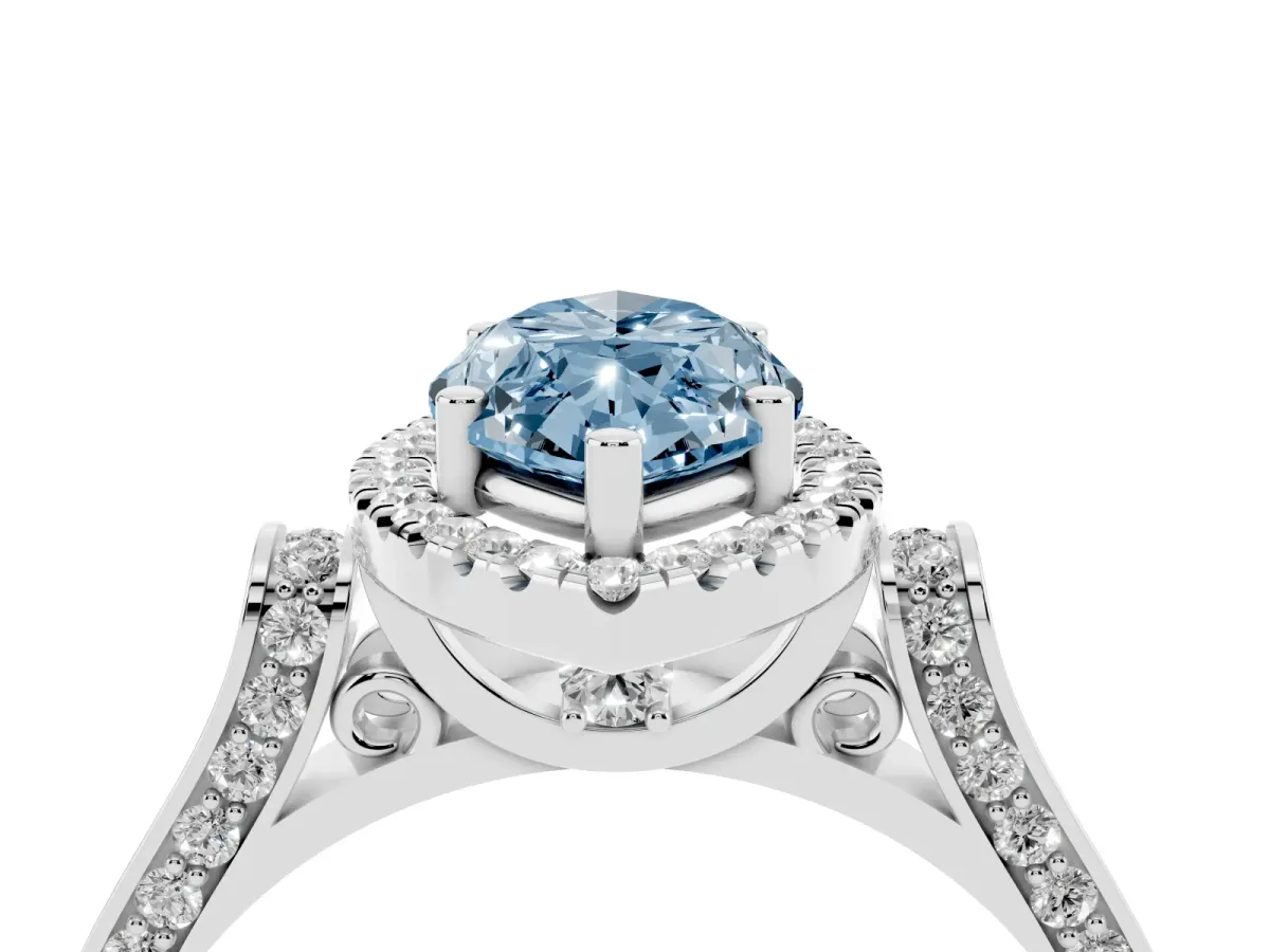 Fancy Blue Marquise Cut Halo Round Diamond Twist Band with Four-Prong Setting White gold