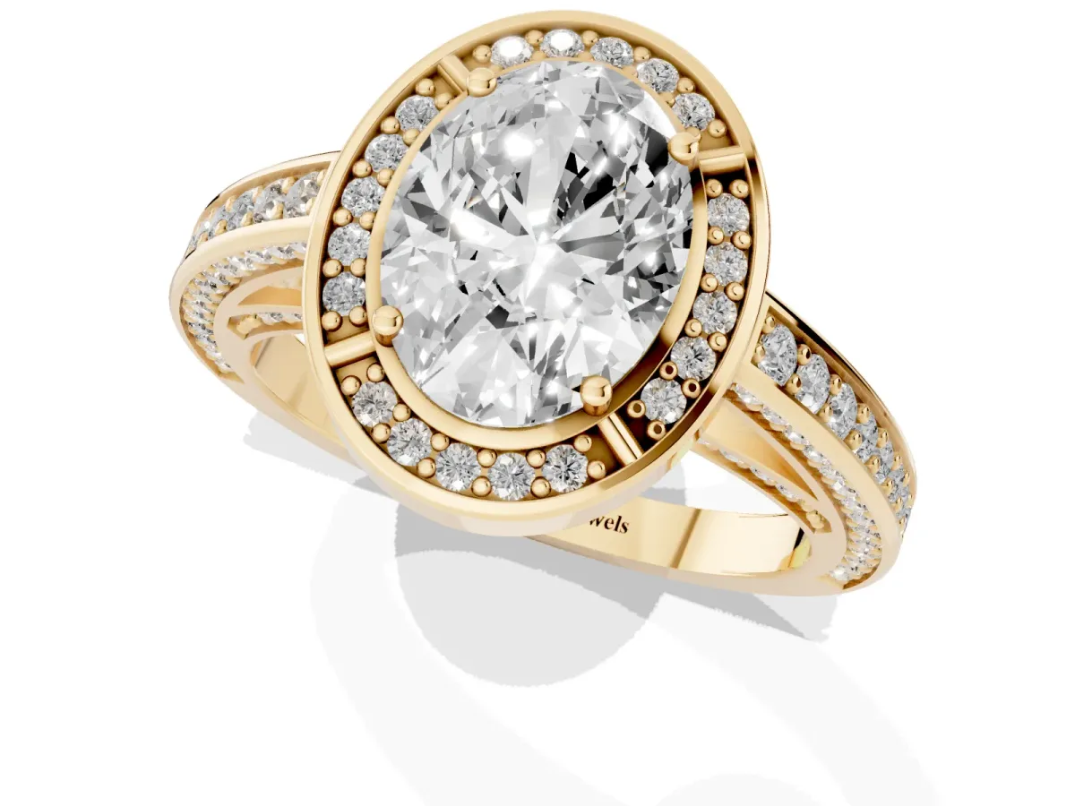 Oval Cut Cut Halo Pave Split Shank Prong Setting Ring Yellow gold
