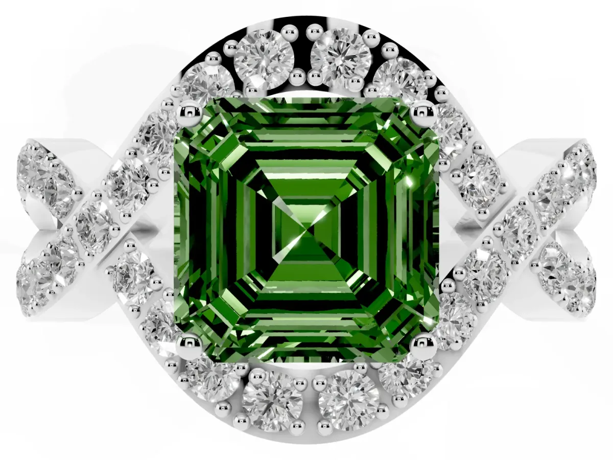 Fancy Green Asscher Cut Solitaire Twist Band Pavé Diamond Engagement Ring Silver