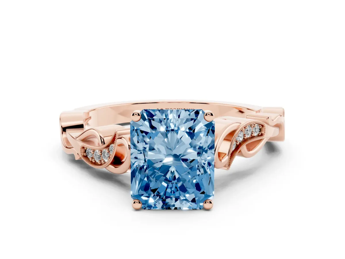 Fancy Blue Radiant Cut Solitaire Vine Band with Milgrain Prong Setting Rose gold